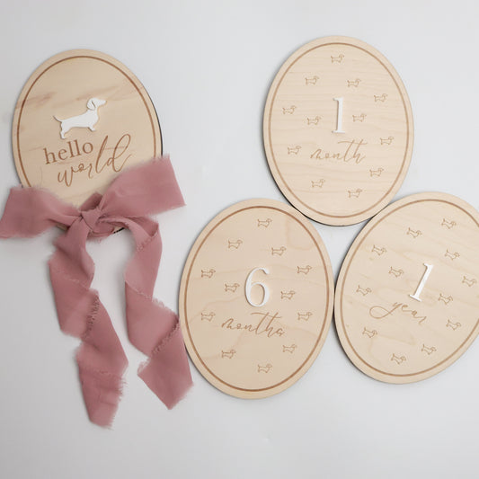 Dachshund Baby Wooden Monthly Milestone - Hello World Round