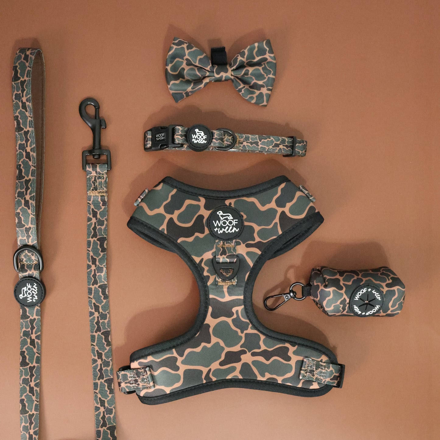 Black duck camo dog harness and leash bundle with collar and bow