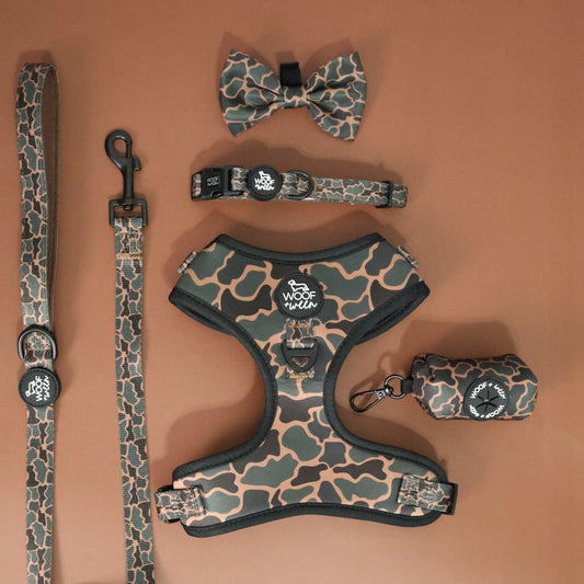 Black duck camo dog harness and leash bundle with collar and bow