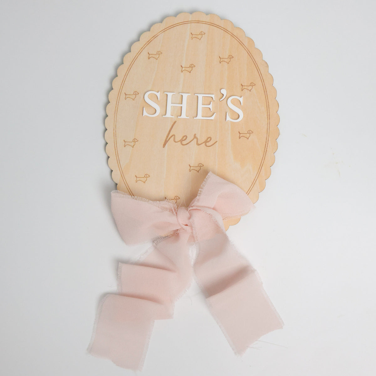 Dachshund Wooden Baby Annoucement - She’s Here Scalloped