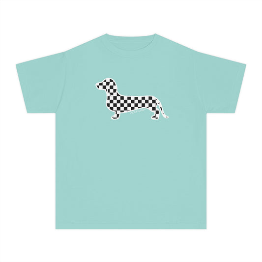 YOUTH Dachshund Tee - Black Checkered Doxie