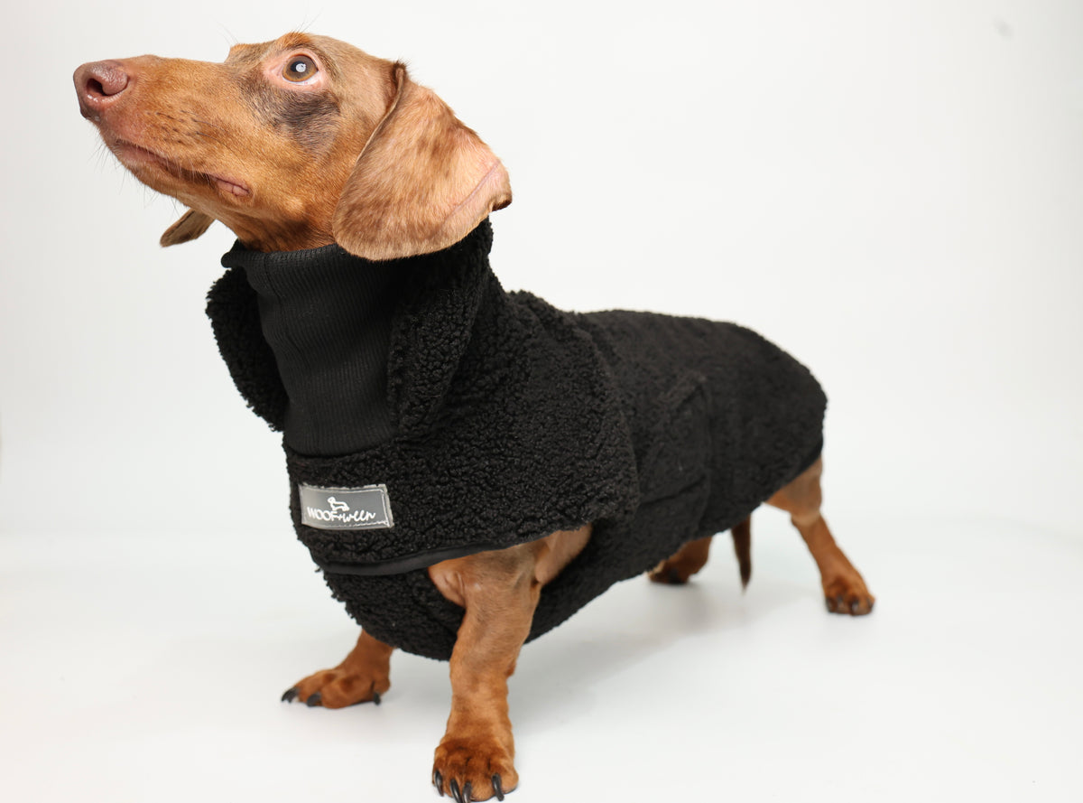 Dachshund Sweater Coat - Black Sherpa Turtleneck Coat
