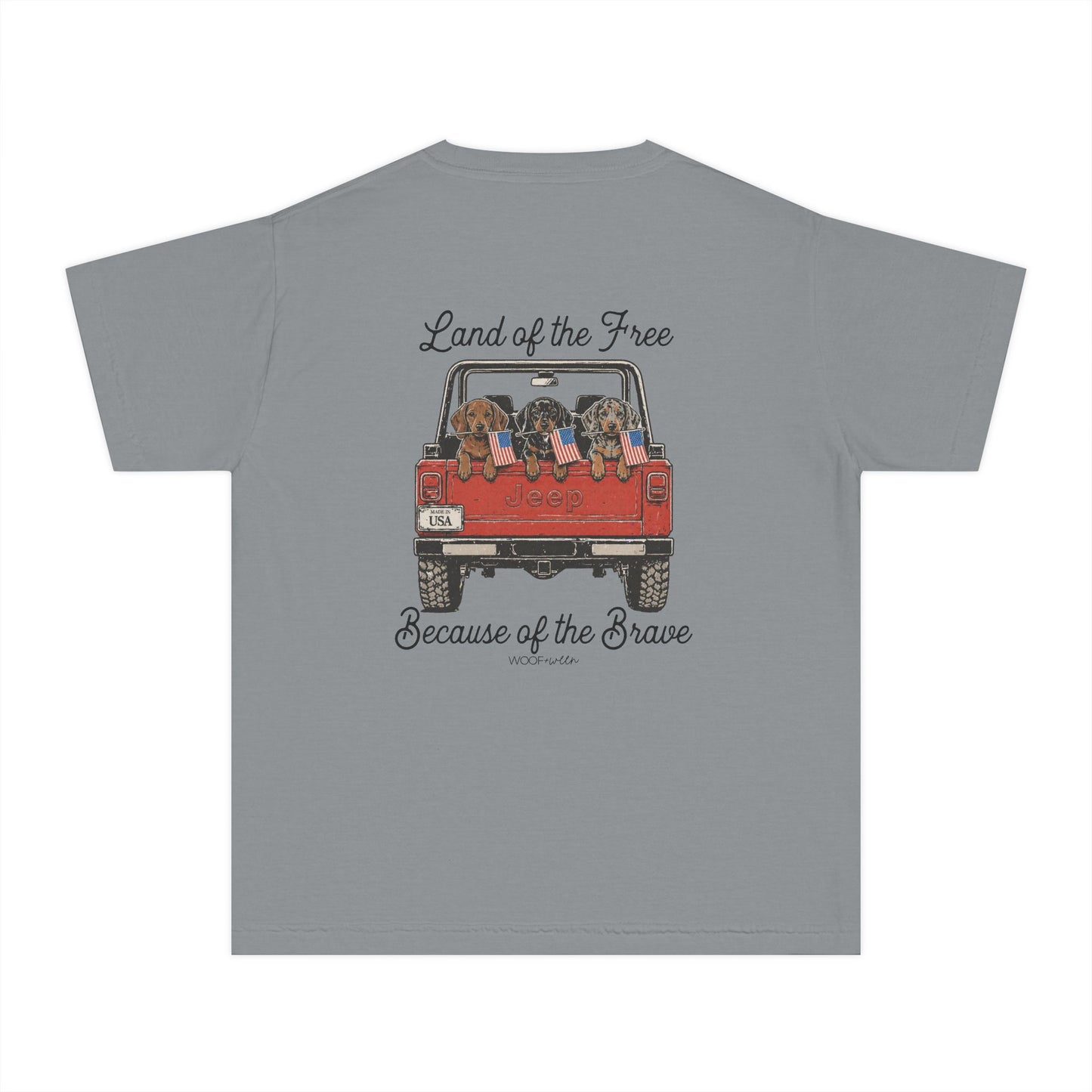 YOUTH Dachshund Tee - Land of the Free because of the Brave Doxies