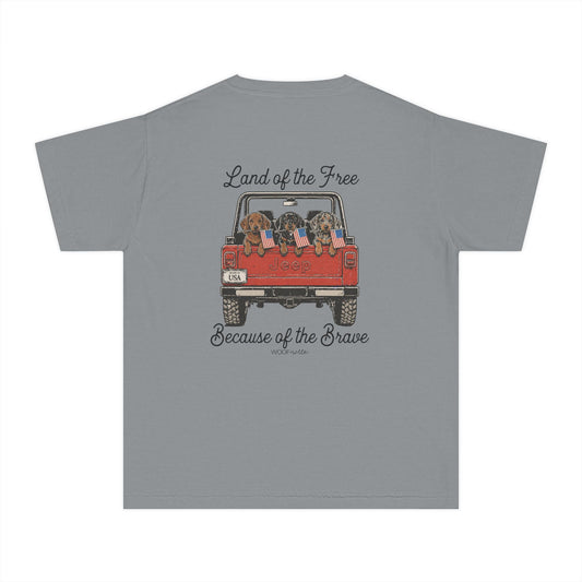 YOUTH Dachshund Tee - Land of the Free because of the Brave Doxies