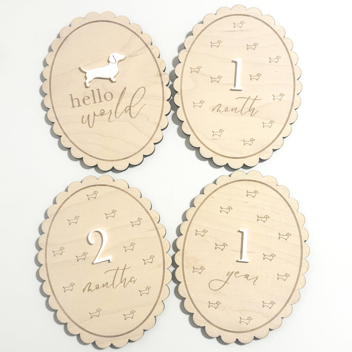 Dachshund Baby Wooden Monthly Milestone - Hello World Scalloped