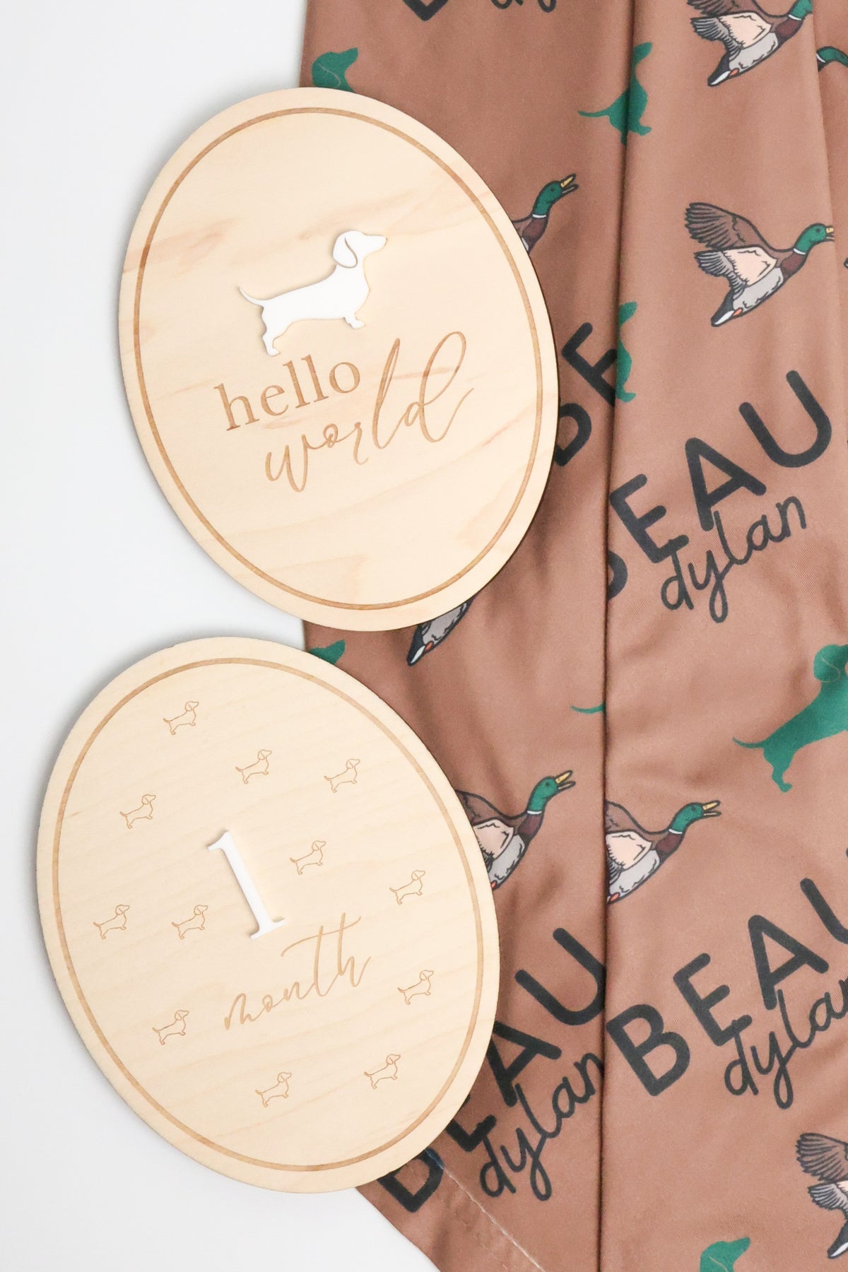 Dachshund Baby Wooden Monthly Milestone - Hello World Round