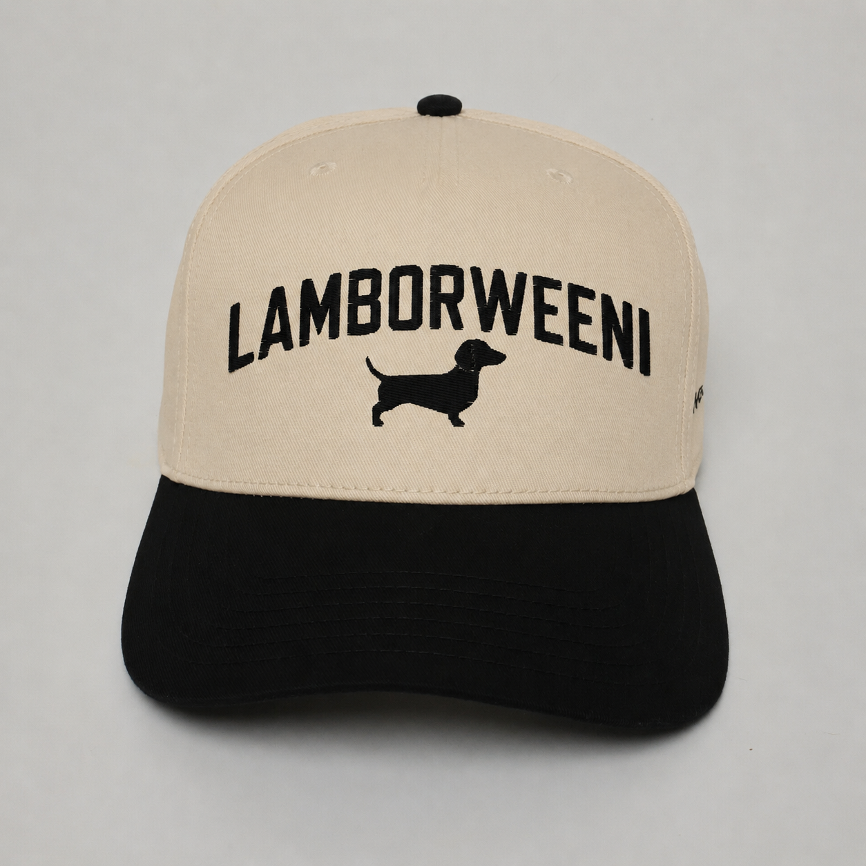 Lamborweeni black twill embroidered dachshund snapback hat front view