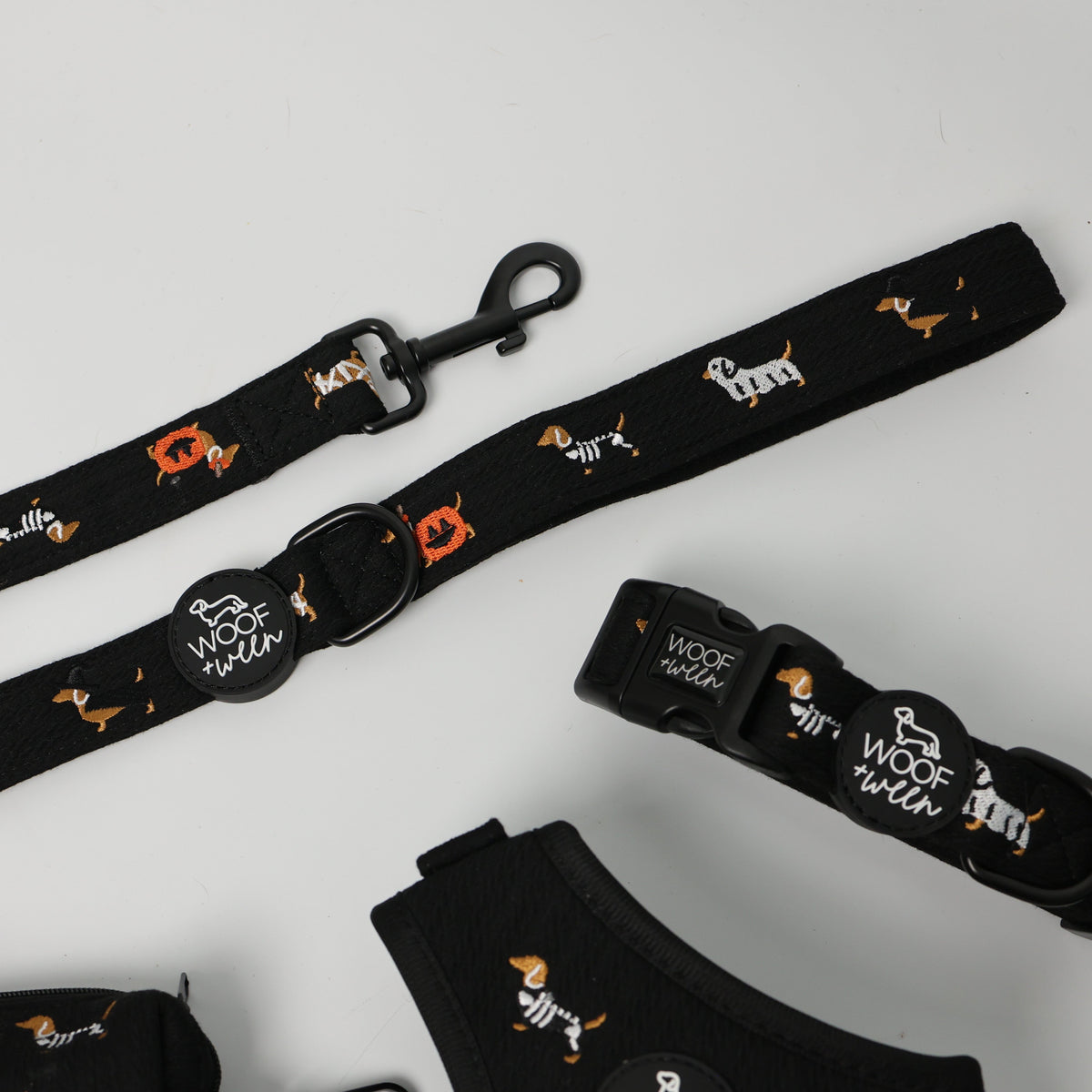 Halloweenie Doxies dachshund leash close up embroidered doxie detail Halloween