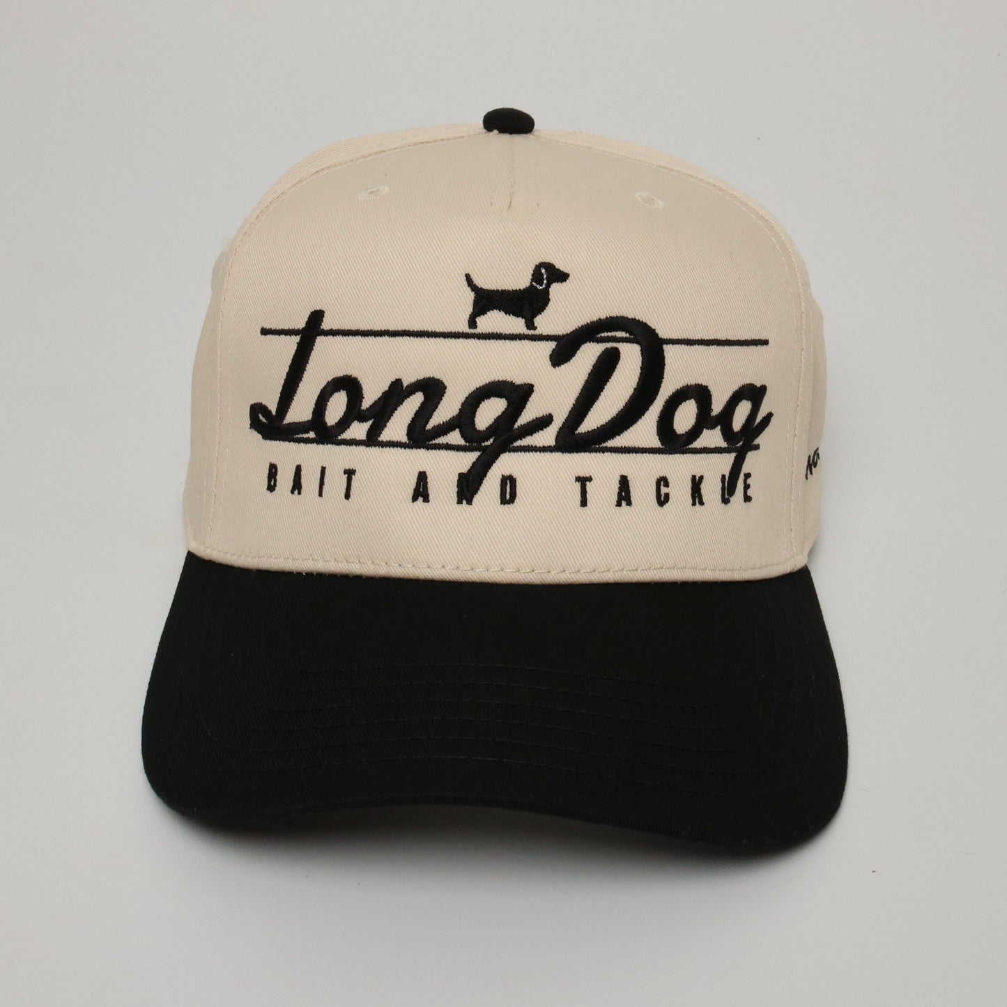Long Dog Bait and Tackle embroidered dachshund snapback hat front view