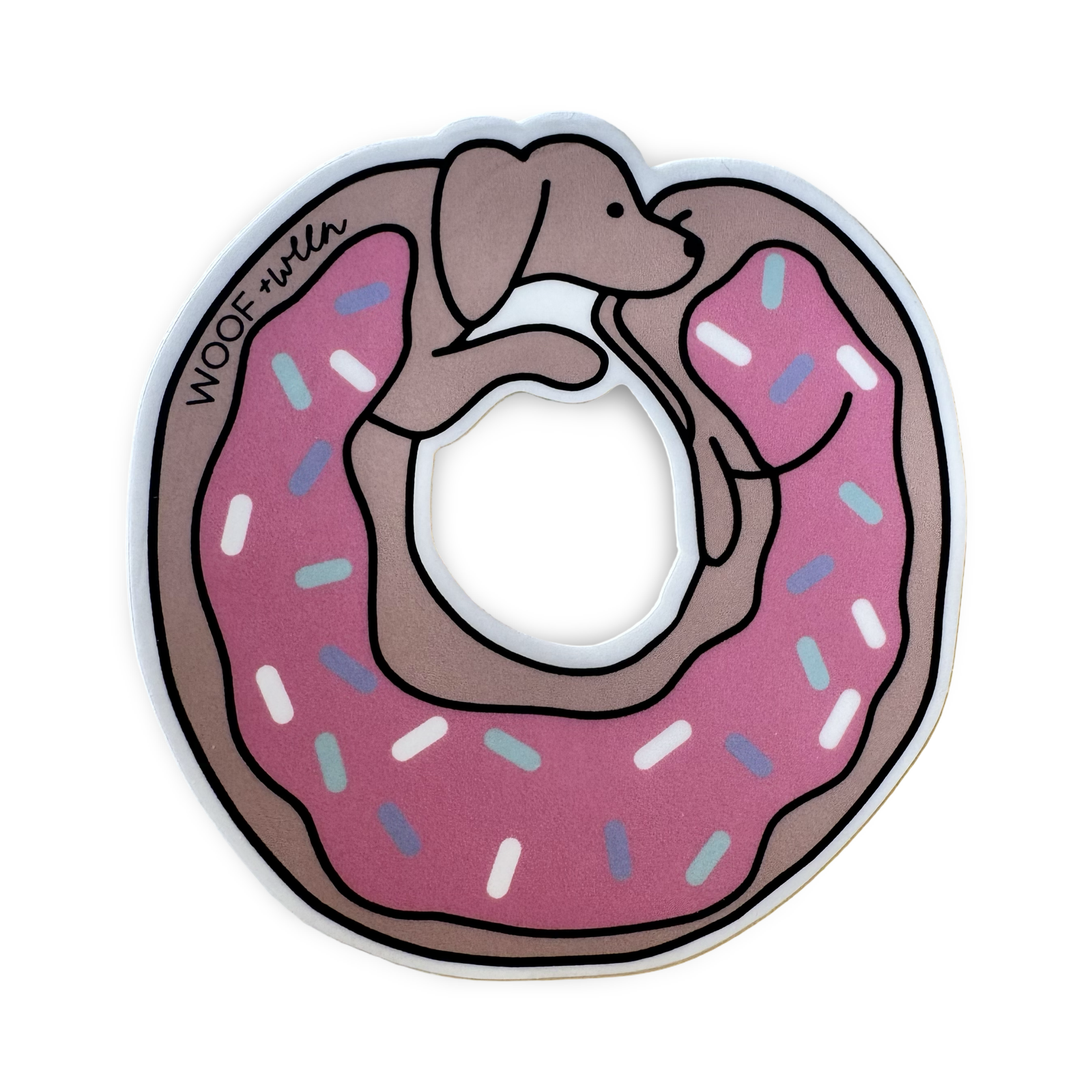 A die-cut sticker in the shape of a dachshund donut with pink frosting with white, blue, and purple sprinkles.