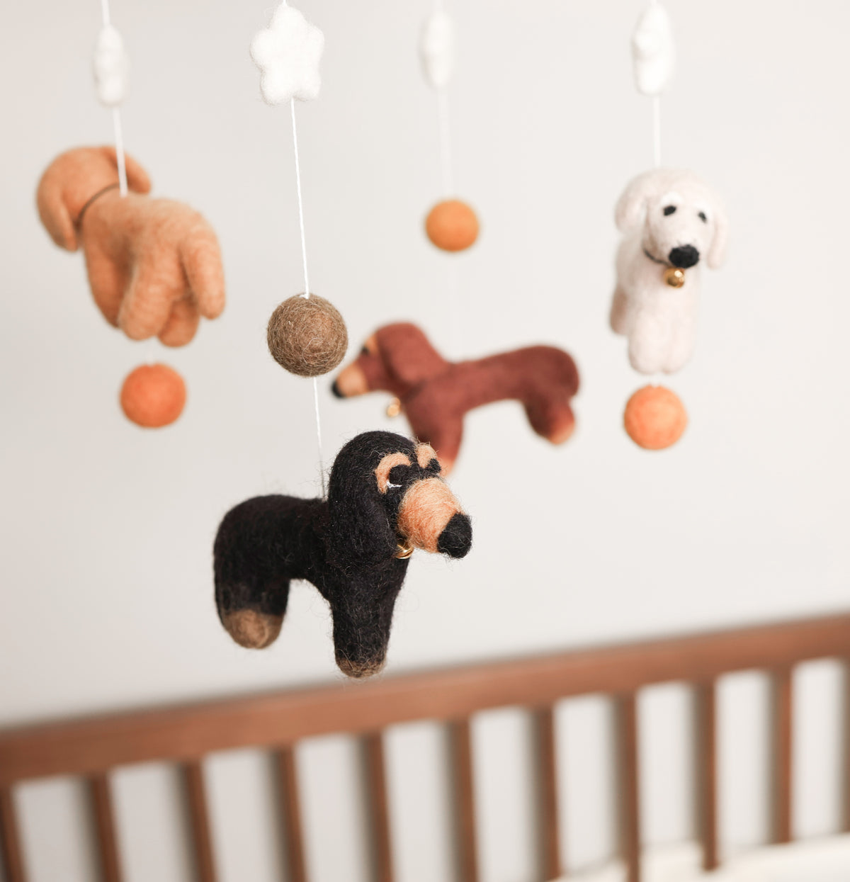 Handmade wool felt dachshund mobile, dachshund gift for baby shower