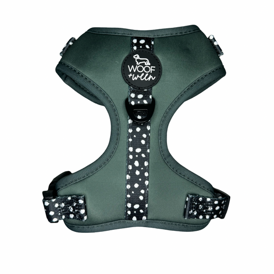 Evergreen green adjustable dog harness for dachshunds and all dog breeds to wear for dog walks with black and white polka dots