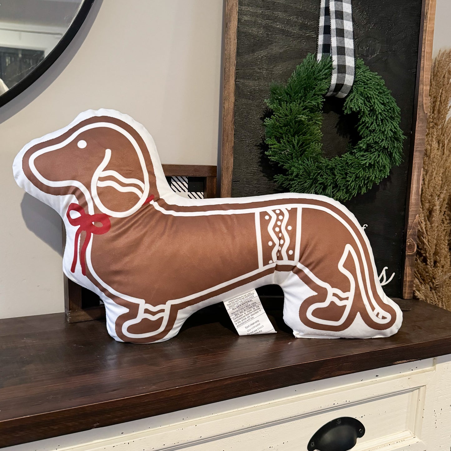 Dachshund Pillow - DACHSHUND GINGERBREAD RED BOW