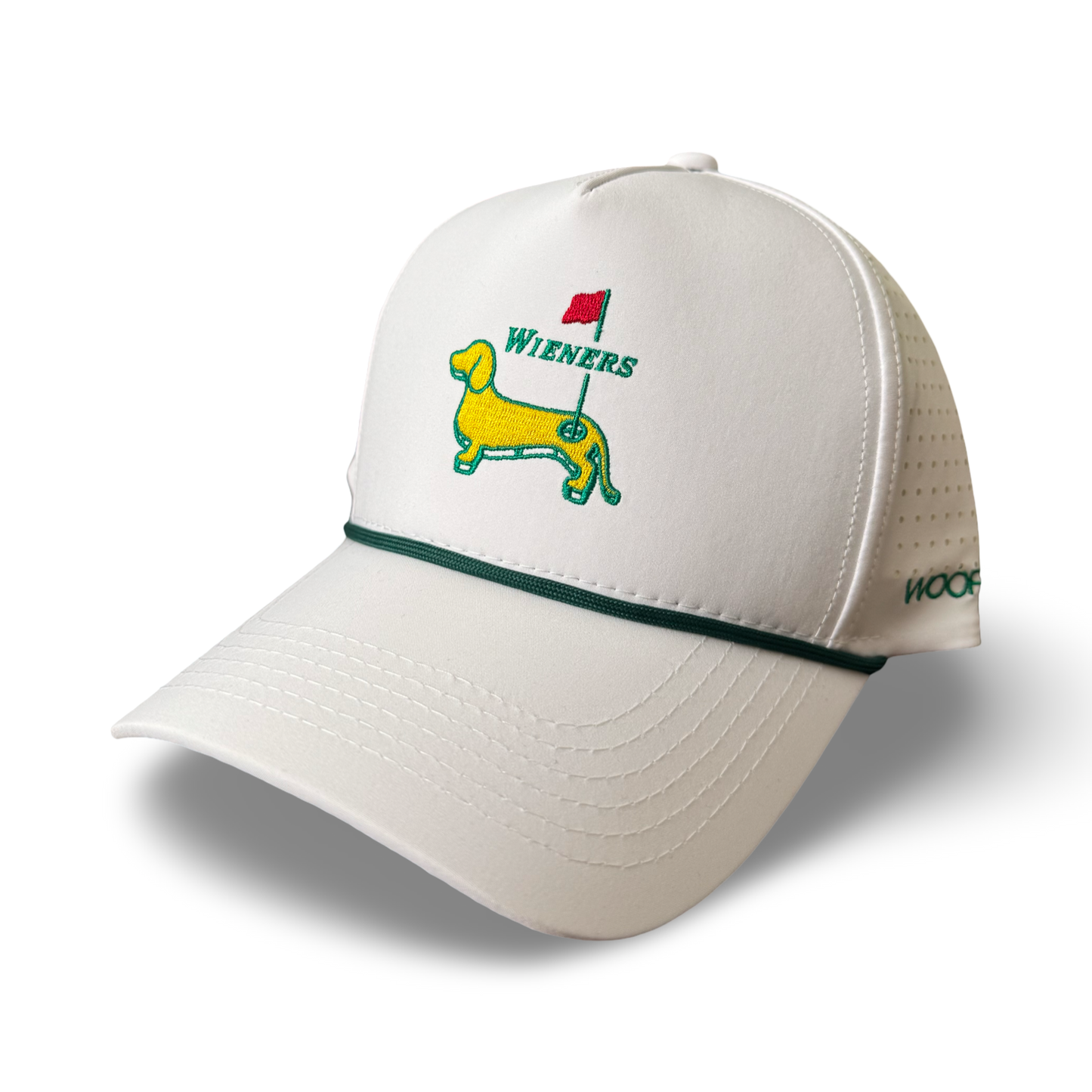 White dachshund golf masters rope hat from woof+ween with wieners logo 