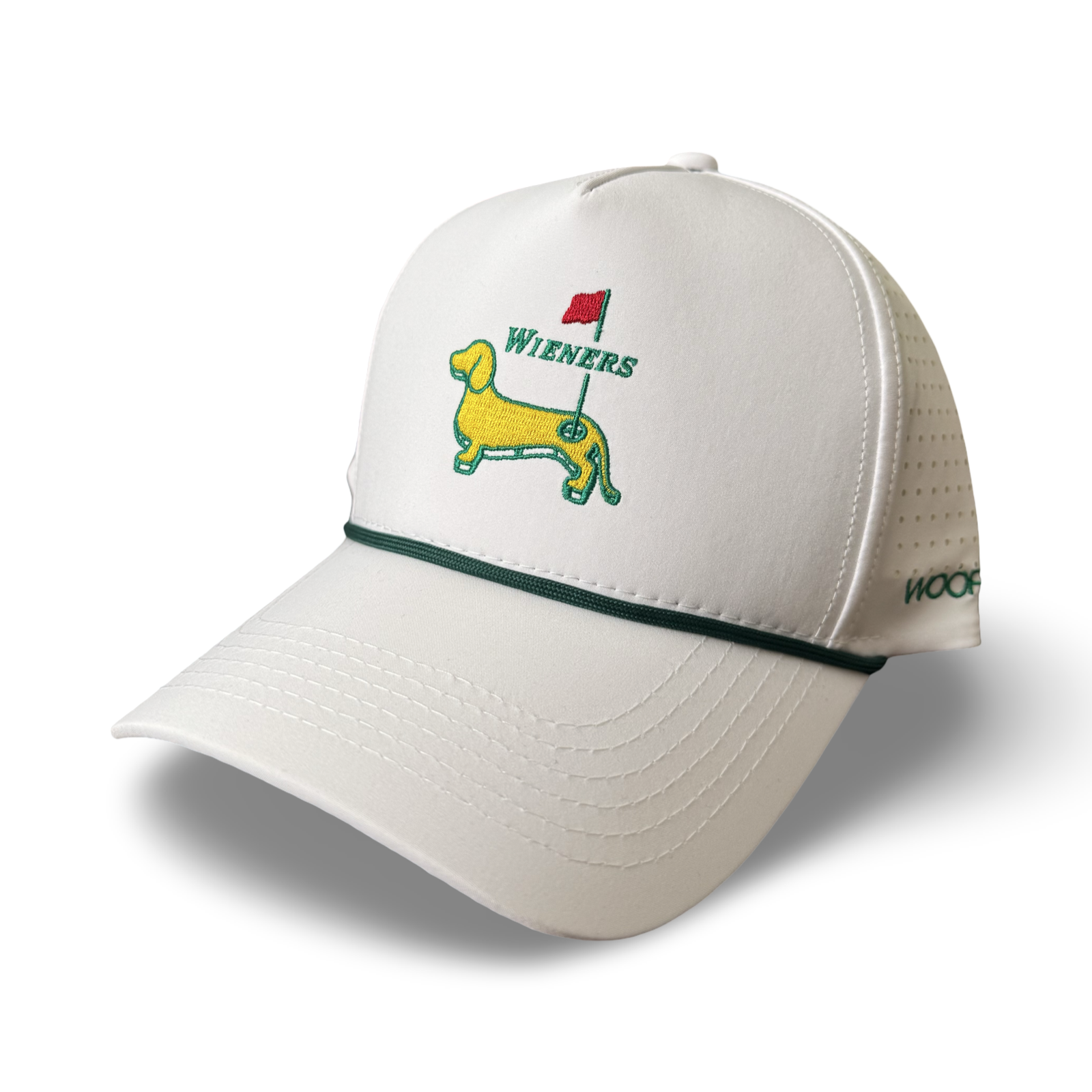 White dachshund golf masters rope hat from woof+ween with wieners logo 