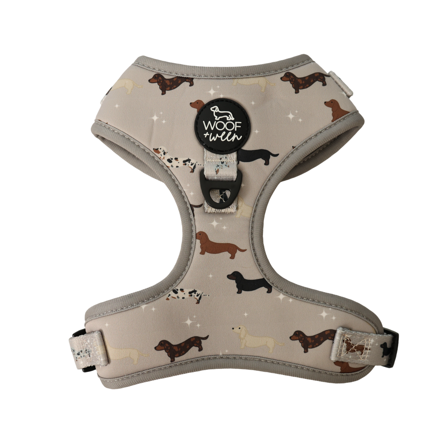 woof+ween dachshund harness with dachshund pattern in a tan color