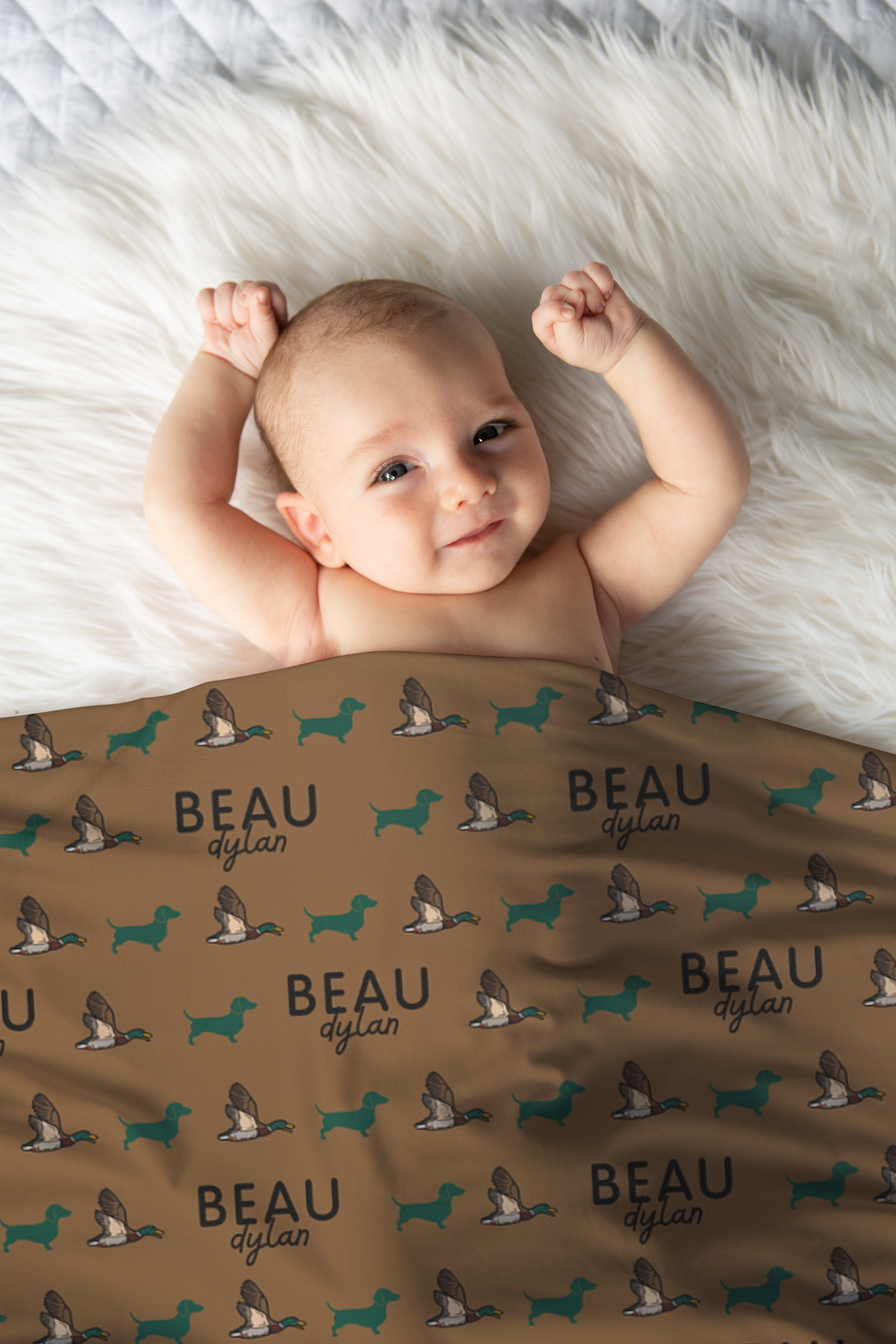 Dachshund Baby Swaddle Blanket - Duck Hunting Doxie Custom Name