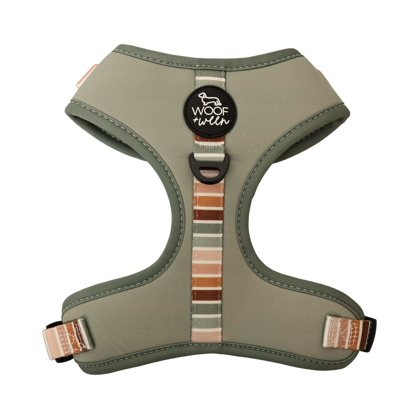Sage green Dog harness with colorful striped straps on a white background