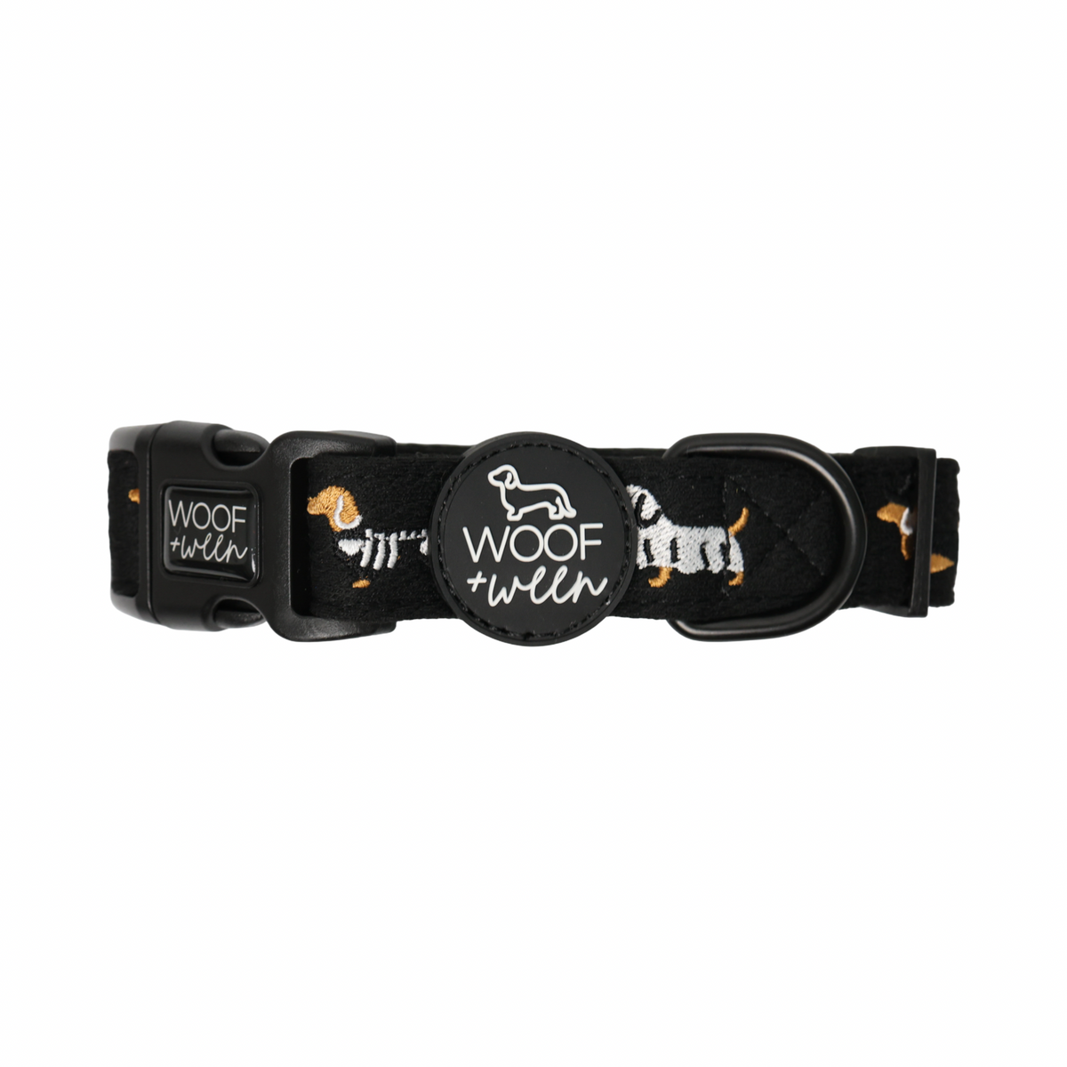 Halloweenie Doxies embroidered dachshund collar flat lay black knit spooky season