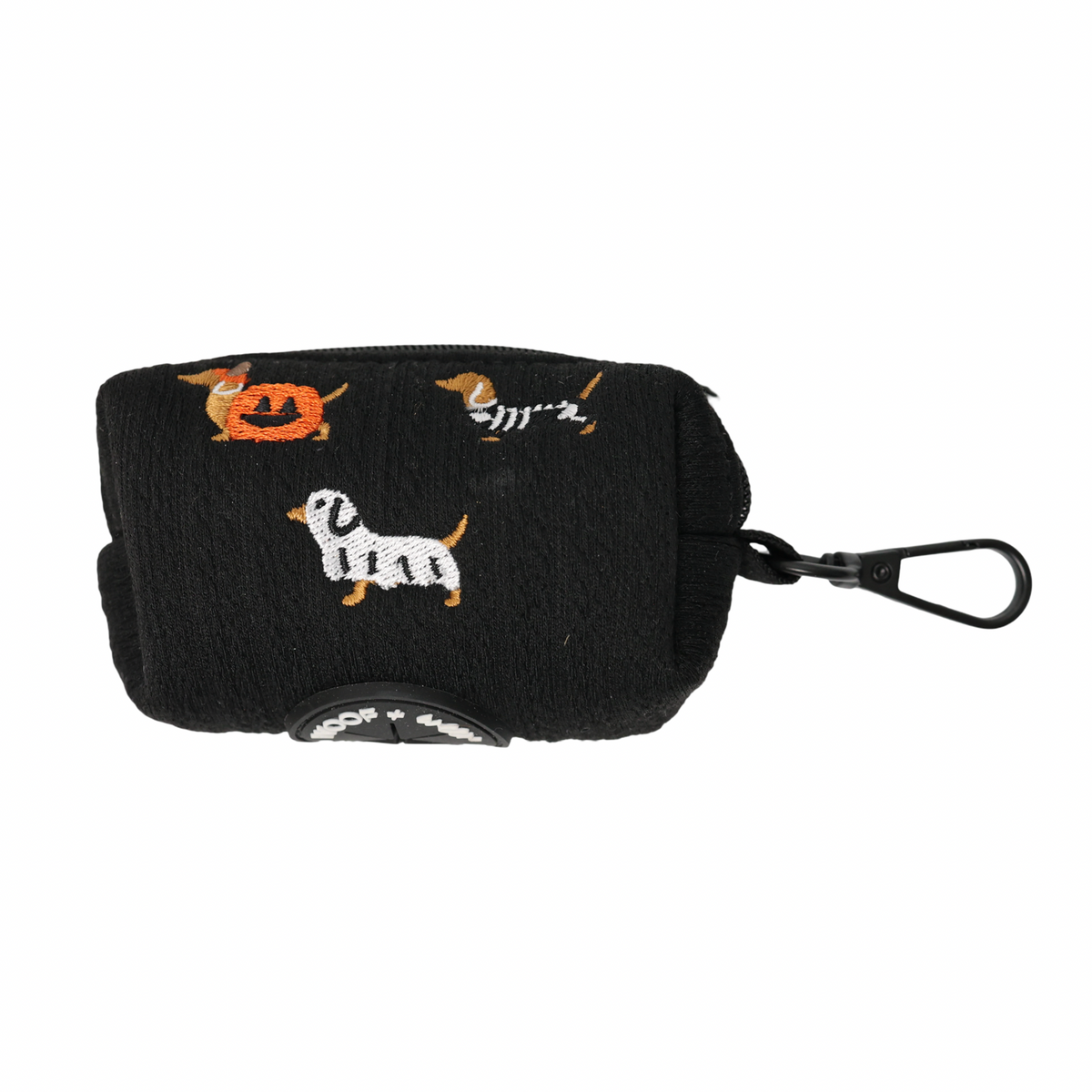 Halloweenie Doxies embroidered dachshund waste bag holder flat lay black knit