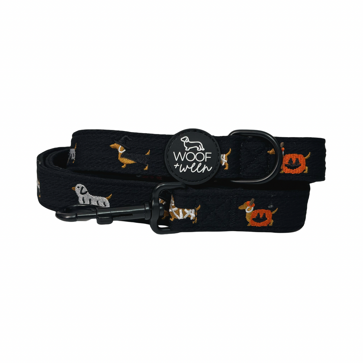 Halloweenie Doxies embroidered dachshund leash flat lay black knit spooky season