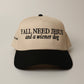 Beige and black woof+ween dachshund hat with text 'YALL NEED JESUS and a wiener dog' 