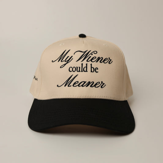 beige and black woof+ween dachshund hat with "my wiener could be meaner" text