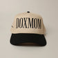 Beige woof+ween hat with 'DOXMOM' text