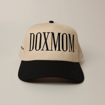 Beige woof+ween hat with 'DOXMOM' text