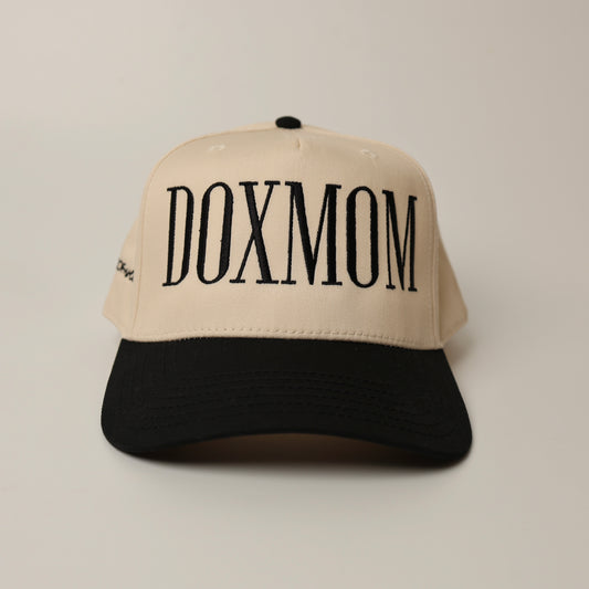 Beige woof+ween hat with 'DOXMOM' text