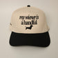 Beige and black dachshund hat with text 'my wiener is a handful'