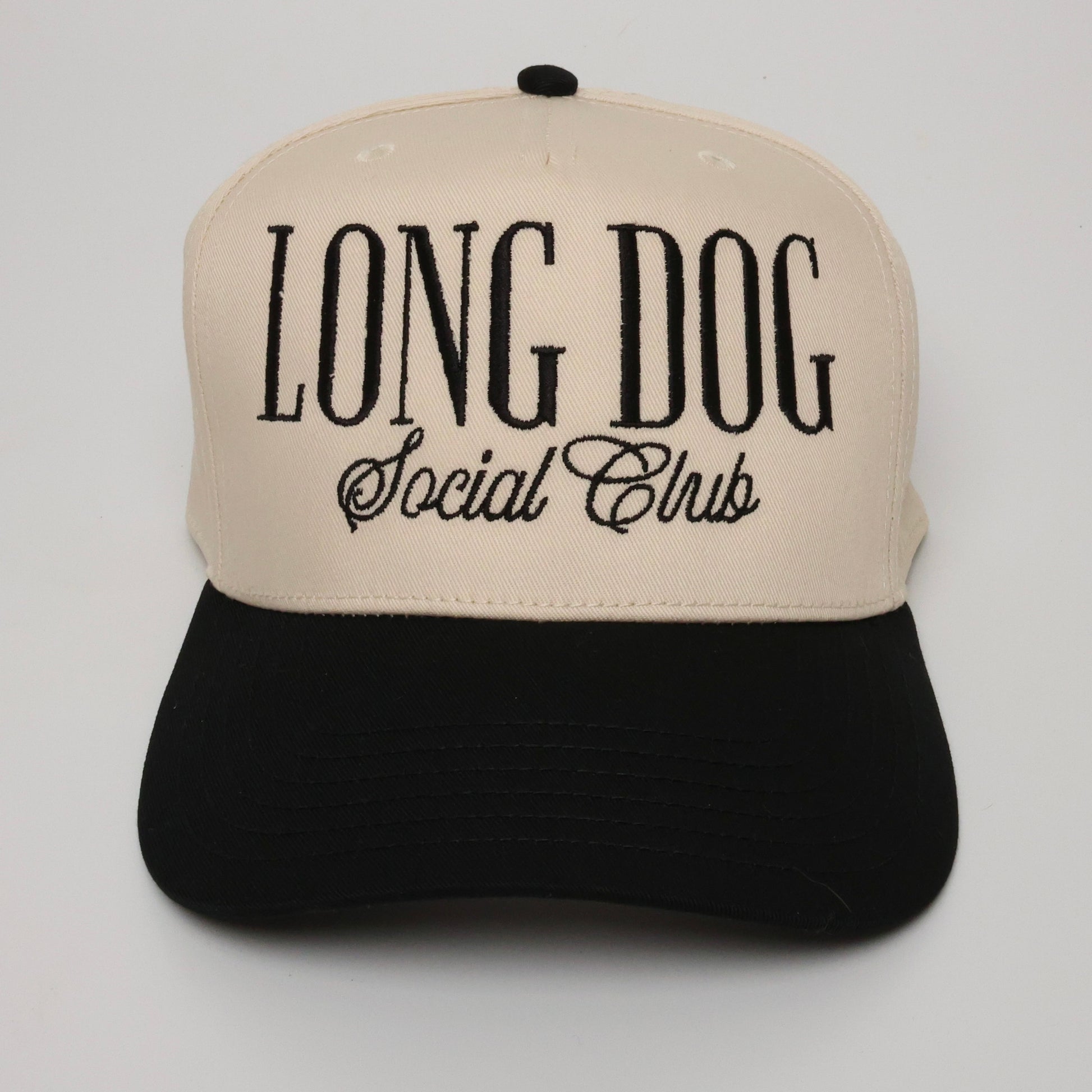 Long Dog Social Club embroidered dachshund hat black and natural snapback