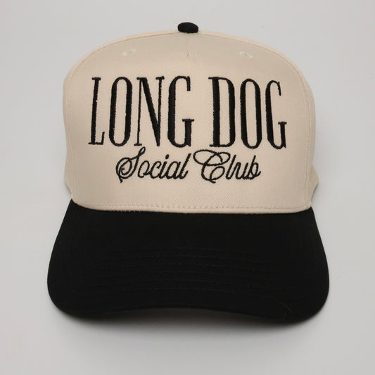 Long Dog Social Club embroidered dachshund hat black and natural snapback
