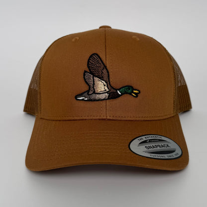 Brown hat with a mallard duck embroidered on it for duck hunting 