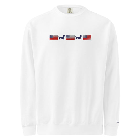 White long-sleeve shirt with American flag and dachshund design on a white background