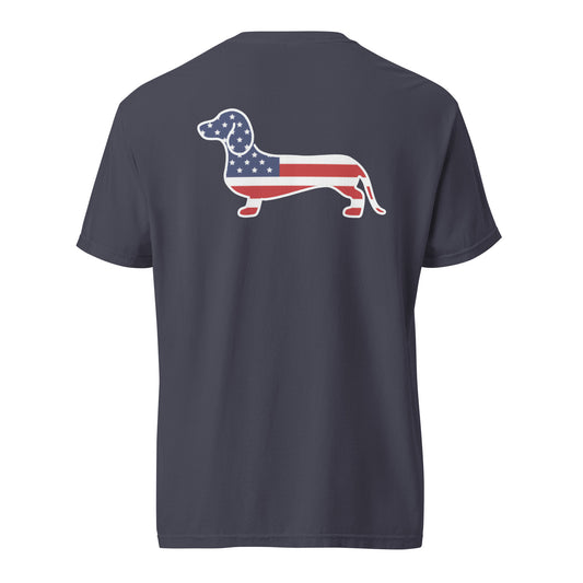 USA flag dachshund t-shirt featuring a patriotic red white and blue wiener dog design for dog lovers