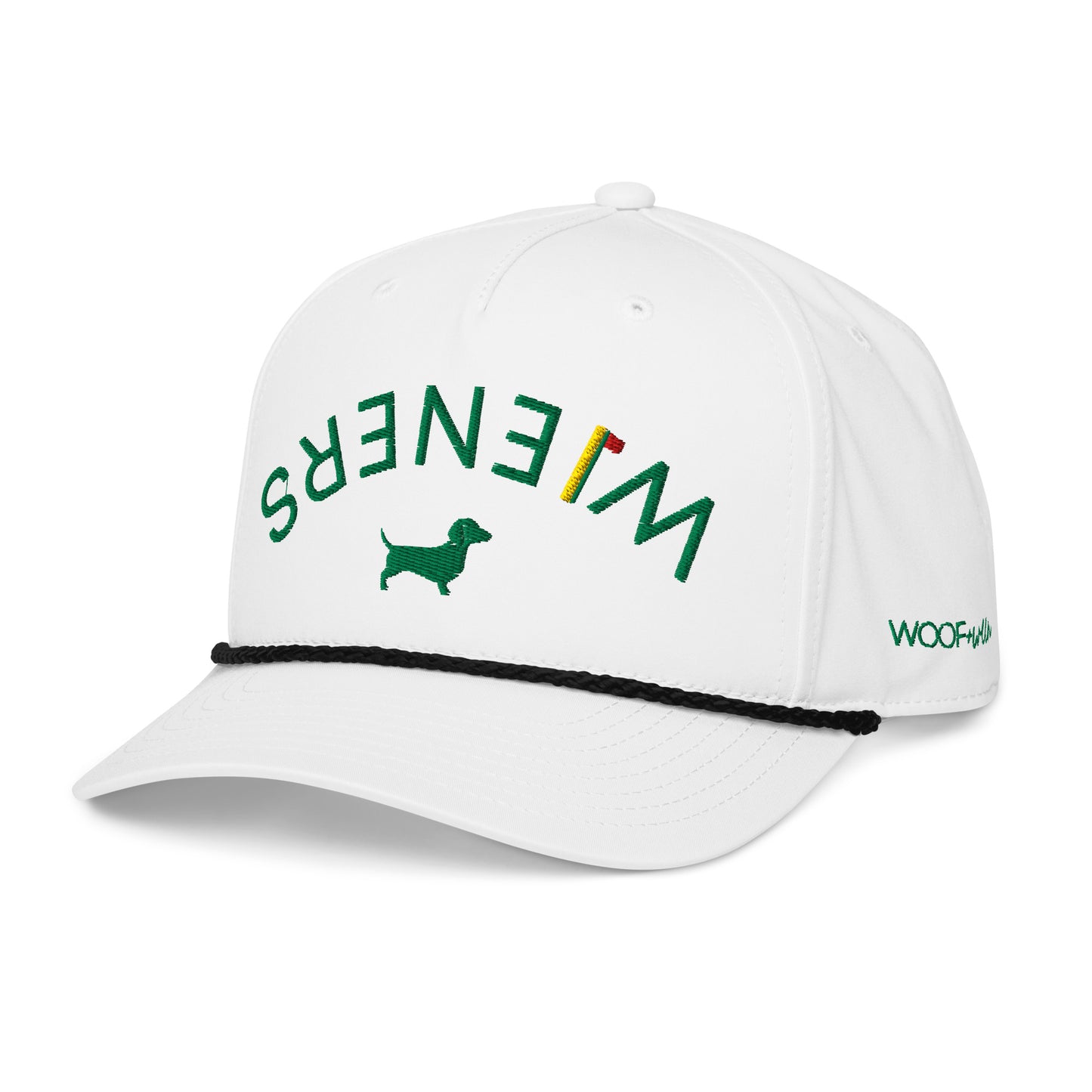 Dachshund golf hat with embroidered wiener dog design on structured rope cap with adjustable snapback by WOOF+WEEN.