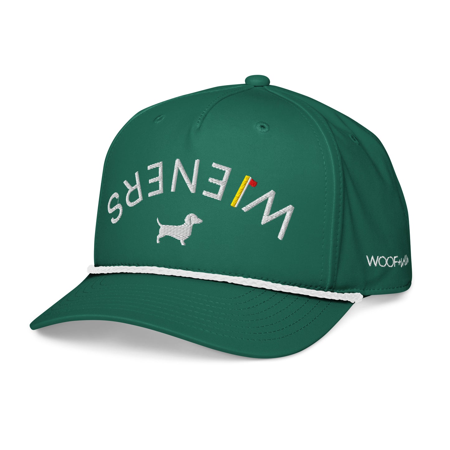 Dachshund golf hat with embroidered wiener dog design on structured rope cap with adjustable snapback by WOOF+WEEN.