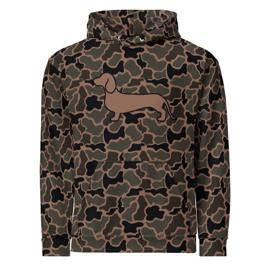Black Duck Camo Dachshund Hoodie all over print recycled poly wiener dog front