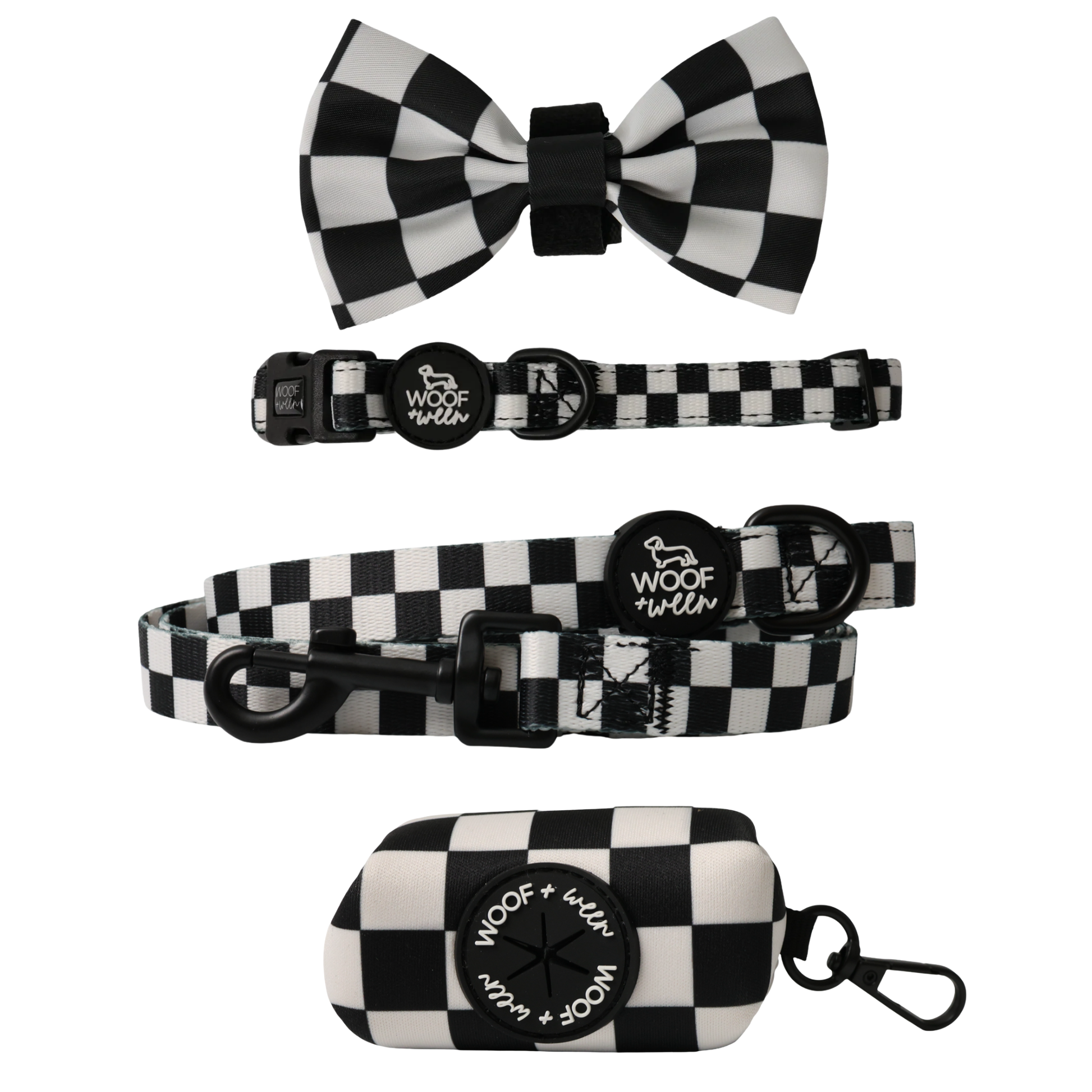 Black and white checkered dachshund racing dog collar, bow, leash and waste bag holder accessory bundle
