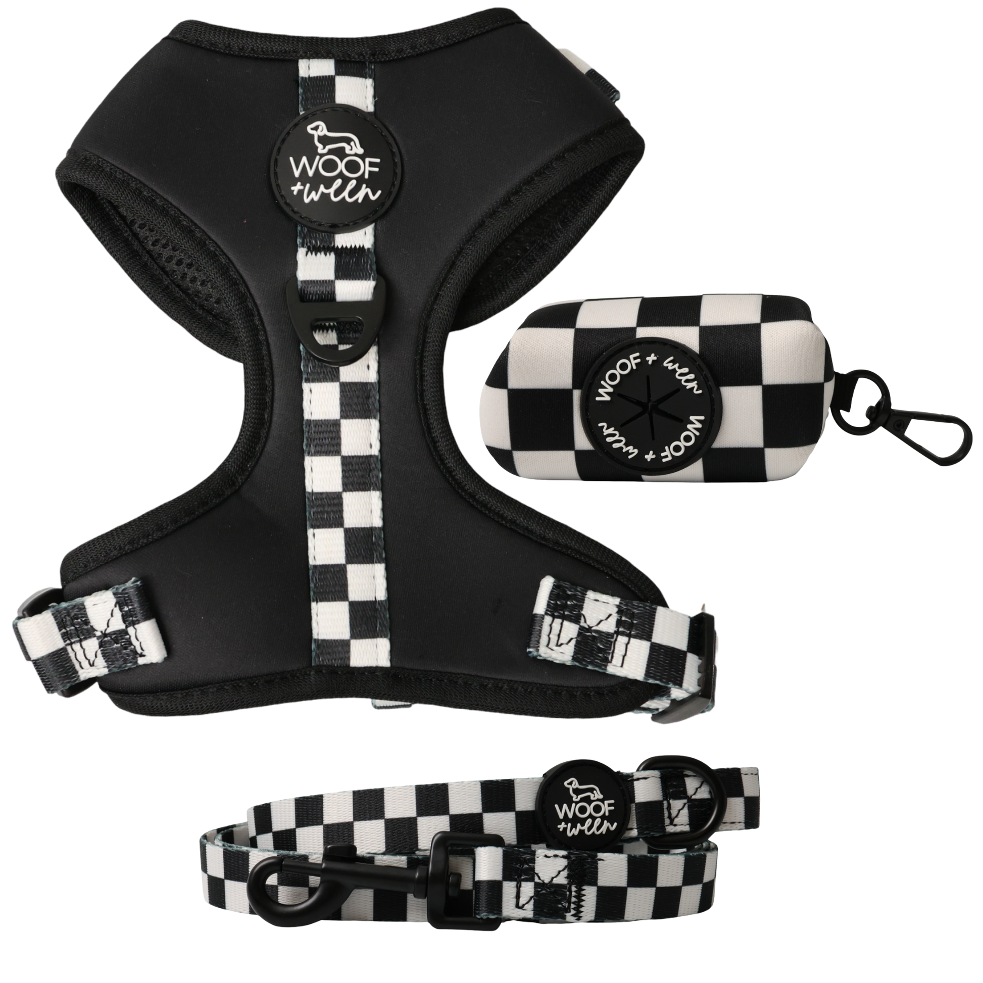 Black and white checkered dachshund racing dog harness, leash and waste bag holder walk bundle