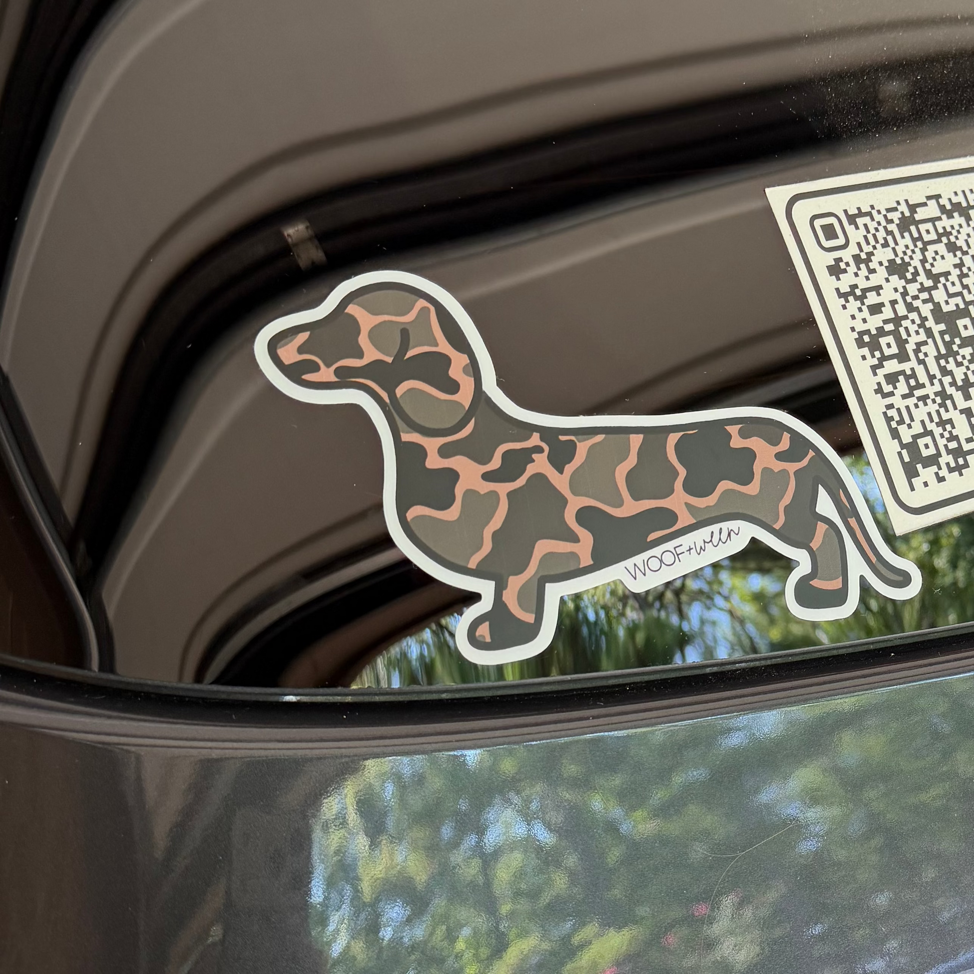 Black Duck Camo dachshund bumper sticker size comparison