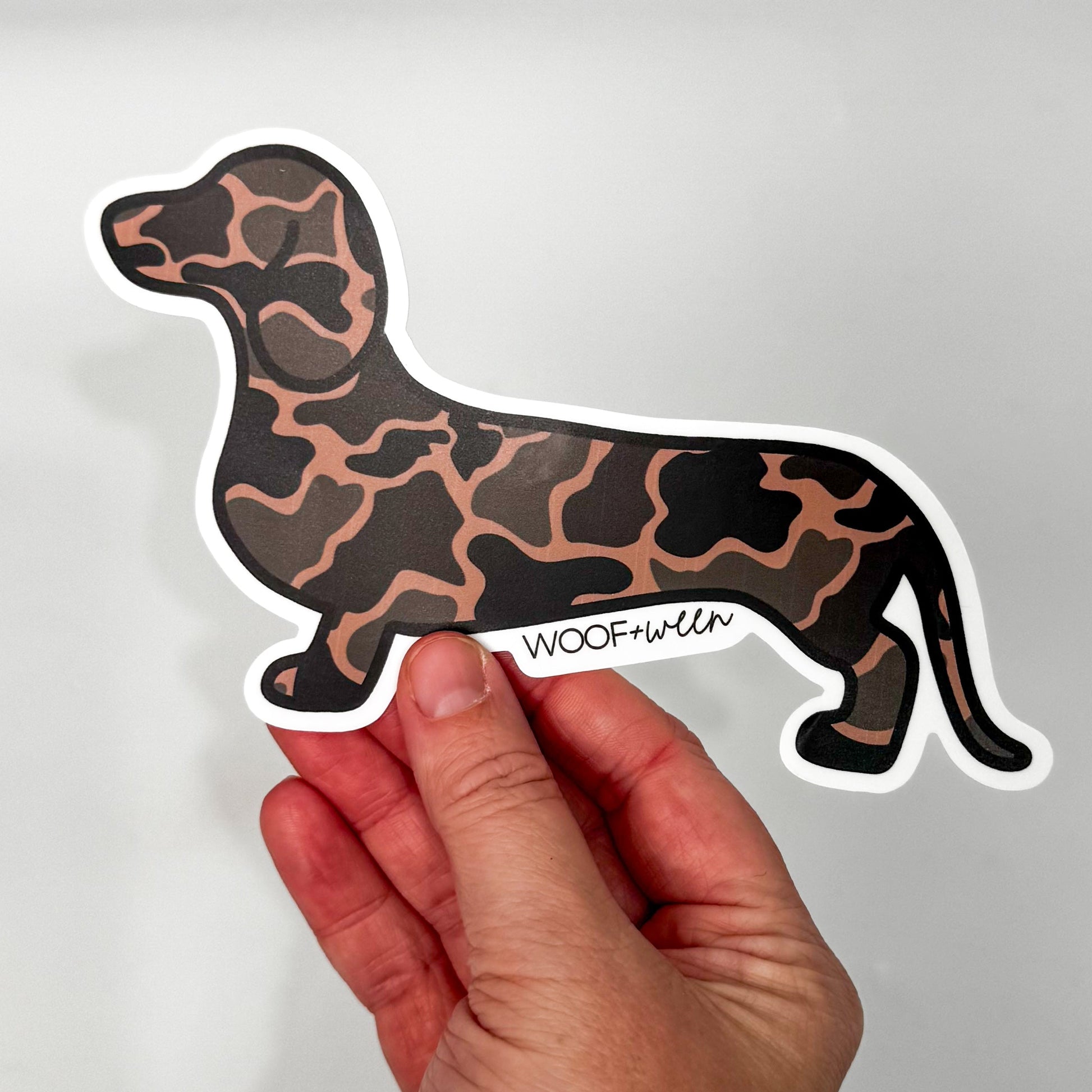WOOF+WEEN Black Duck Camo dachshund bumper sticker