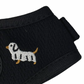 Black knit Halloweenie Doxies harness with embroidered dachshund detail