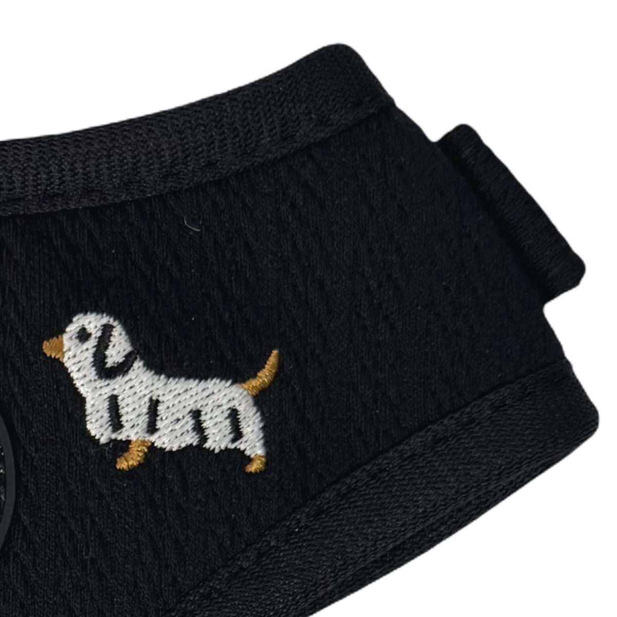 Black knit Halloweenie Doxies harness with embroidered dachshund detail