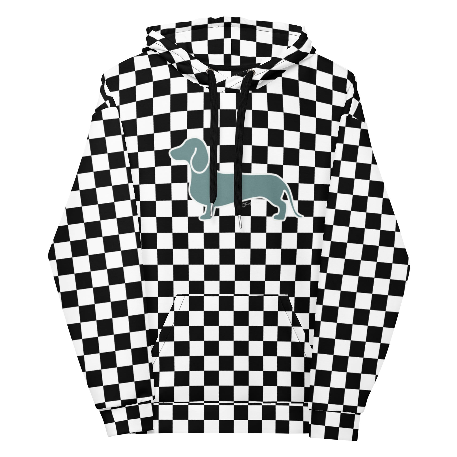 black and white checkered dachshund hoodie with teal dachshund on the front from woof and ween
