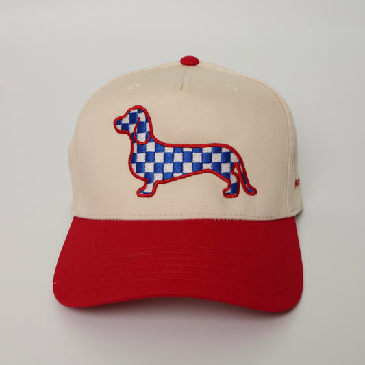 blue checkered dachshund embroidered red woof and ween hat