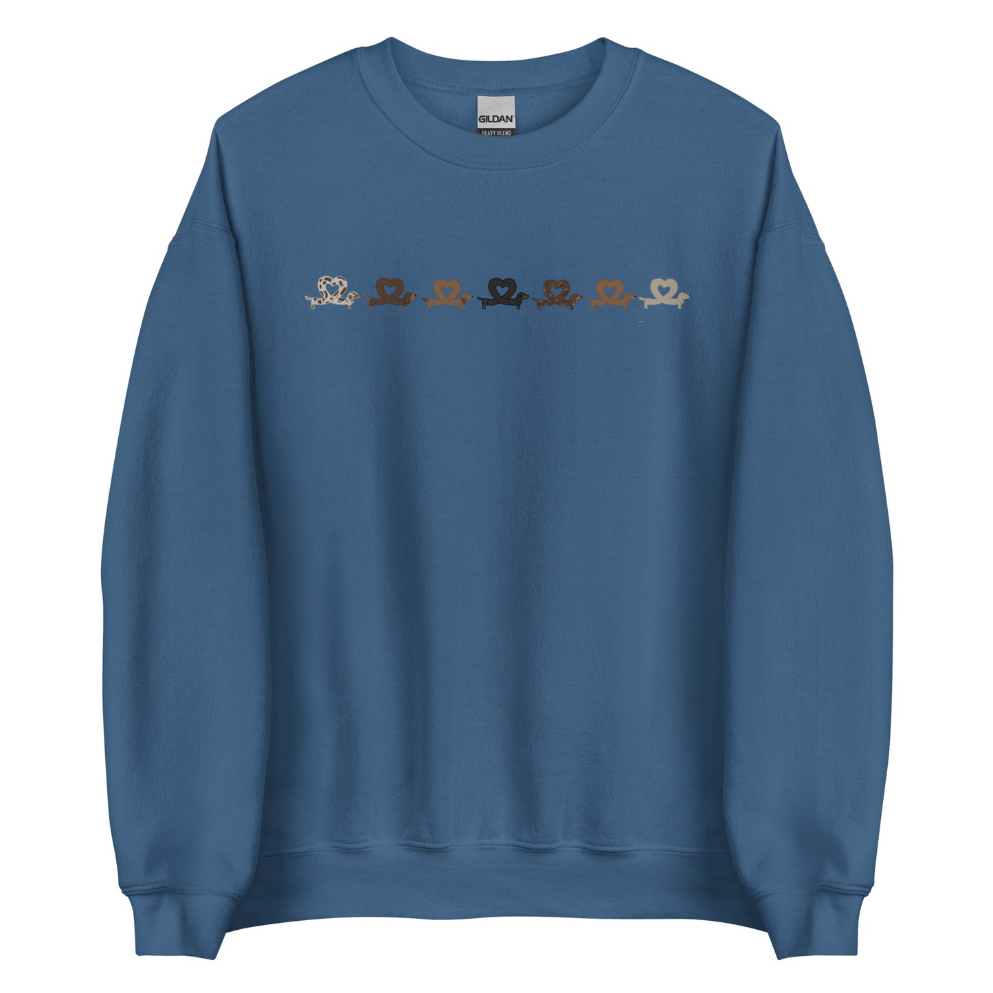 blue crewneck sweatshirt with dachshund hearts