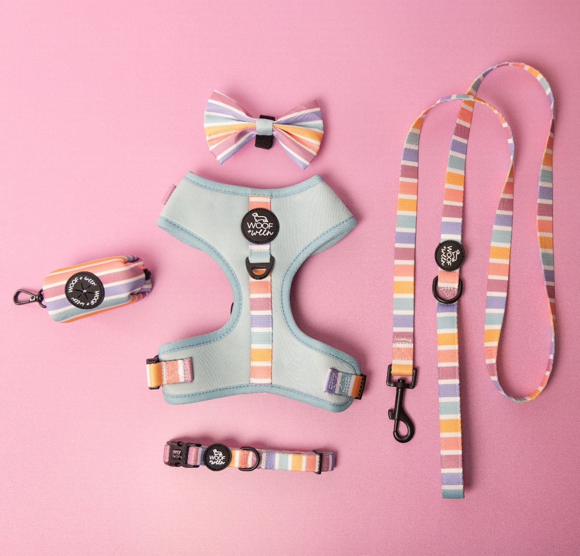 Dog harness, leash, and accessories with striped pattern