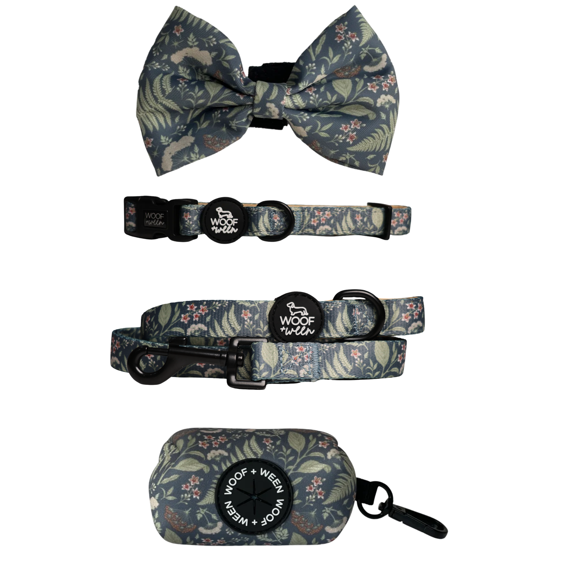 Blue botanical greenery dog collar, bow, leash and waste bag holder accessory bundle